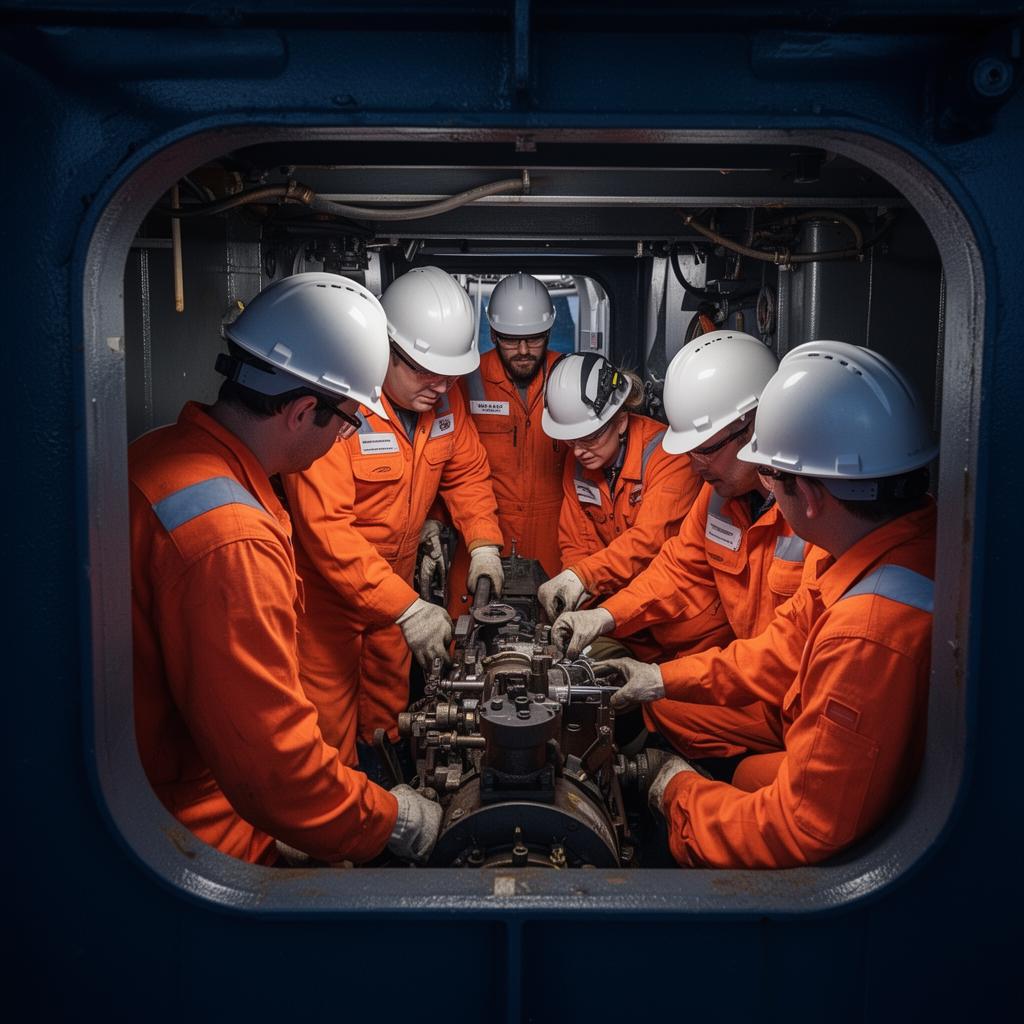 Equipe técnica em treinamento de espaço confinado em embarcação